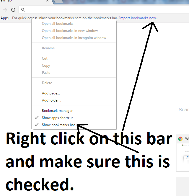 Right click the bookmarks bar and make sure "Show bookmarks bar" is checked